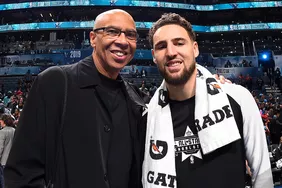 Mychal Thompson and Klay Thompson #11 of Team LeBron pose for a photo the 2019 NBA All-Star Game
